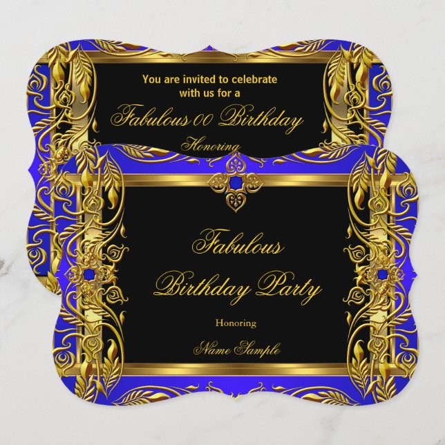 Fabulous Royal Blue Black Gold Birthday Party Invitation (Front/Back)
