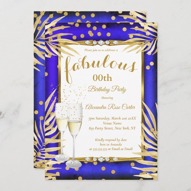 Fabulous Royal Blue Gold Palms Champagne Party Invitation (Front/Back)