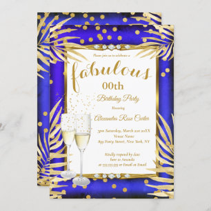 Fabulous Royal Blue Gold Palms Champagne Party Invitation