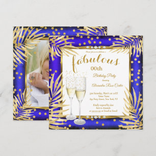 Fabulous Royal Blue Gold Palms Champagne Party Invitation