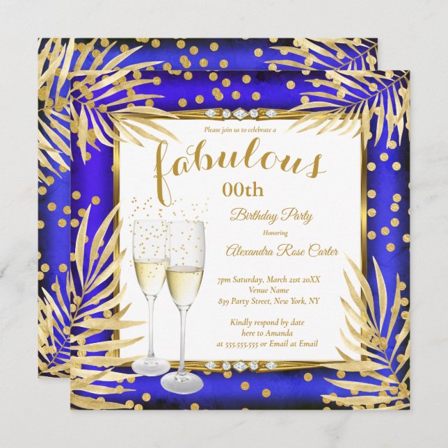 Fabulous Royal Blue Gold Palms Champagne Party Invitation (Front/Back)