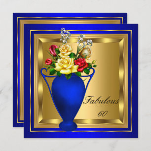 Fabulous Royal Blue Gold Red Roses Elite Birthday Invitation