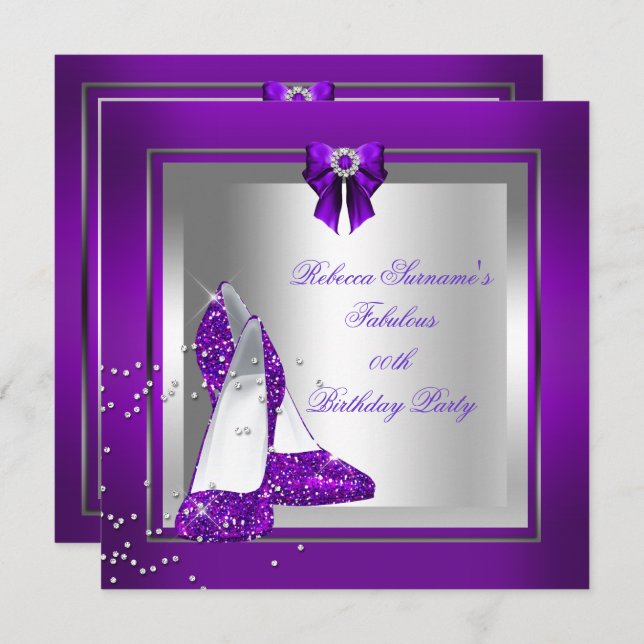 Fabulous Shoe Silver Purple Birthday Party Invitation (Front/Back)