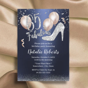 Fabulous Silver High Heel Navy Blue 65th Birthday Invitation