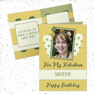 Fabulous sister photo name green gold birthday card
