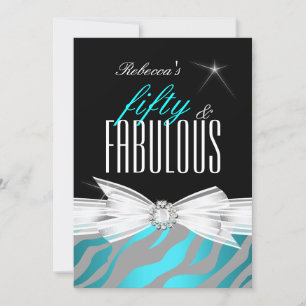 Fabulous Teal Black Grey Zebra 50th Birthday Party Invitation