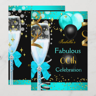 Fabulous Teal Blue Champagne Gold Birthday Party Invitation