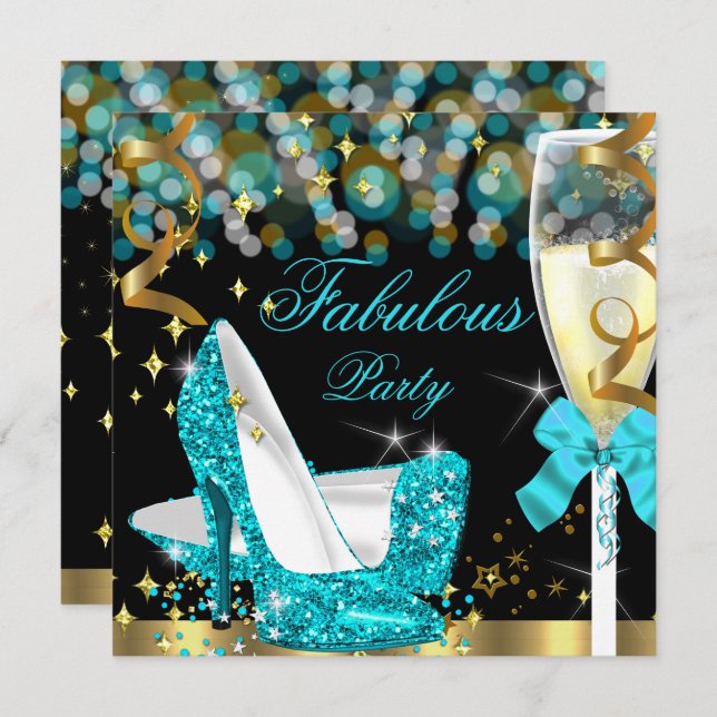 Fabulous Teal Blue Glitter High Heel Birthday 2 Invitation (Front/Back)