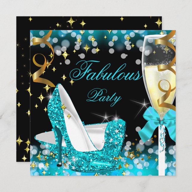 Fabulous Teal Blue Glitter High Heel Birthday Invitation (Front/Back)
