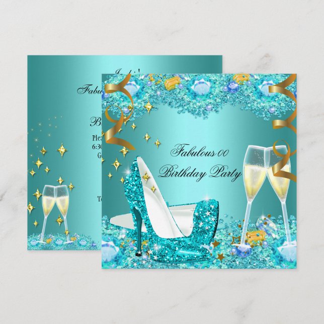 Fabulous Teal Blue Glitter High Heels Champagne Invitation (Front/Back)