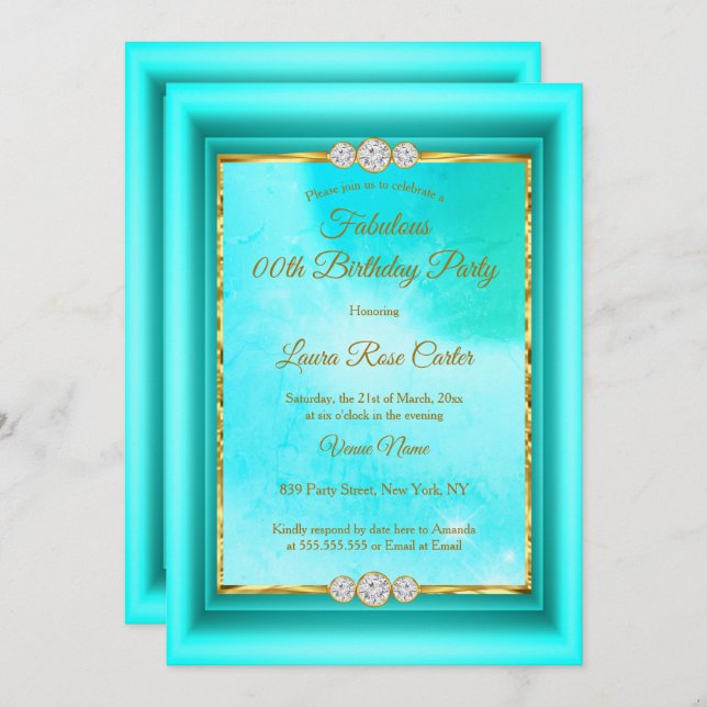 Fabulous teal blue Gold photo Birthday Party Invitation (Front/Back)