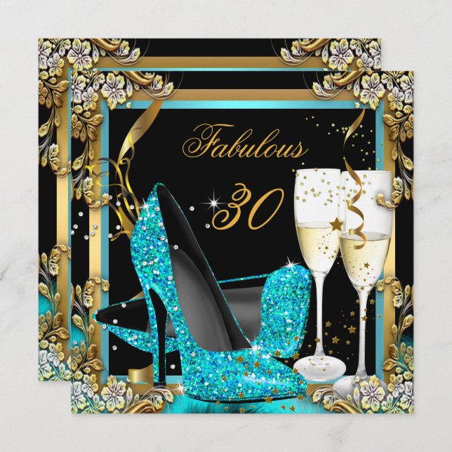 Fabulous Teal Blue Heels Black Champagne Party Invitation (Front/Back)