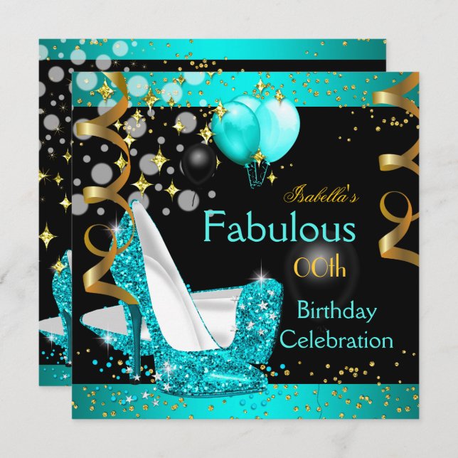 Fabulous Teal Blue High Heels Gold Birthday Party Invitation (Front/Back)