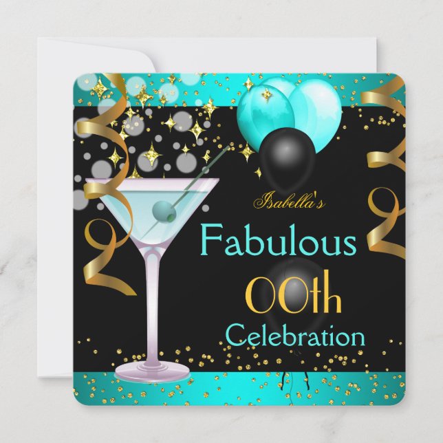 Fabulous Teal Blue Martini Gold Birthday Party Invitation (Front)