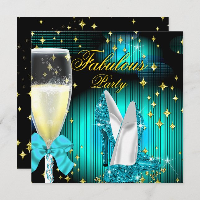 Fabulous Teal Glitter High Heels Birthday Party Invitation (Front/Back)