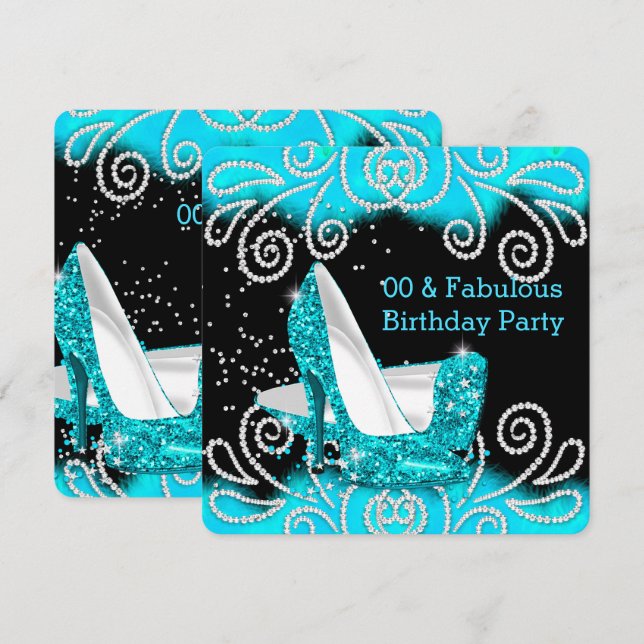 Fabulous Teal Glitter High Heels Birthday Party Invitation (Front/Back)