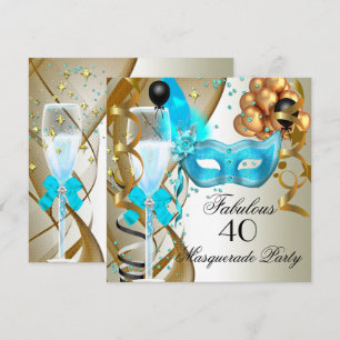 Fabulous Teal Gold Cream Black Masquerade Party Invitation