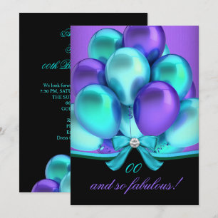 Fabulous Teal Purple Balloons Black Birthday Invitation