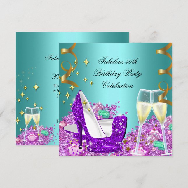 Fabulous Teal Purple Glitter High Heels Champagne Invitation (Front/Back)