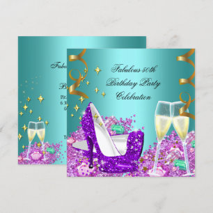 Fabulous Teal Purple Glitter High Heels Champagne Invitation
