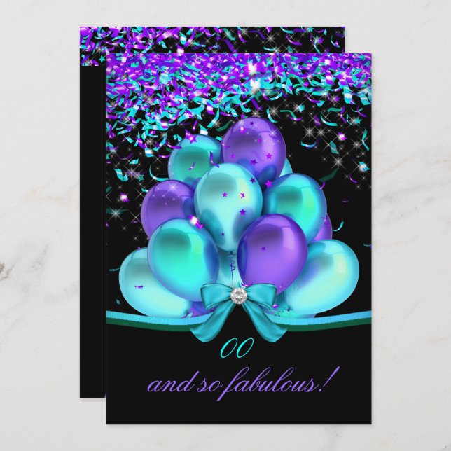 Fabulous Teal Purple Streamers Balloons Birthday Invitation (Front/Back)