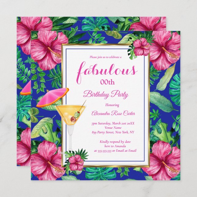 Fabulous Tropical Cocktail Floral birthday Party Invitation (Front/Back)