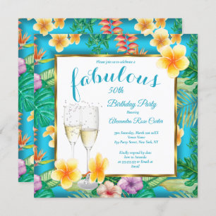 Fabulous Tropical Teal blue Champagne Photo Party Invitation