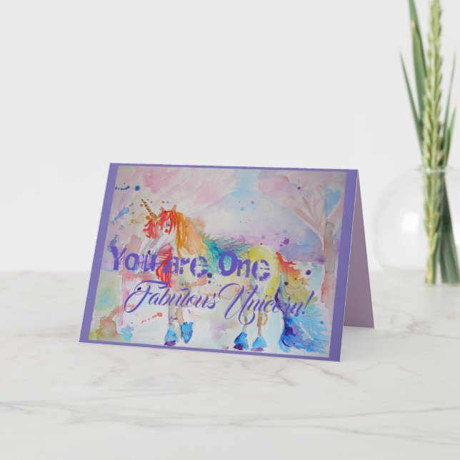 Fabulous Unicorn Watercolor Birthday Girls Card (Front)