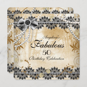 Fabulous Vintage Black Cream Beige Lace Floral Invitation
