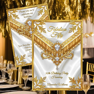 Fabulous White Silk Gold Diamonds Birthday Party Invitation