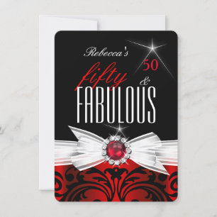 Fabulous Wild Red Black Damask 50th Birthday Party Invitation