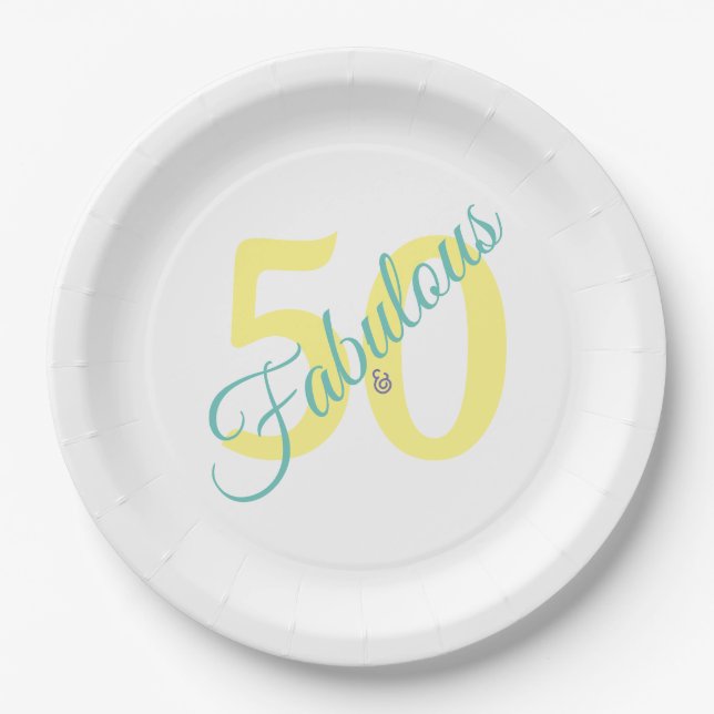 Fabulous Yellow Teal Simple Modern 50th Birthday Paper Plate (Front)