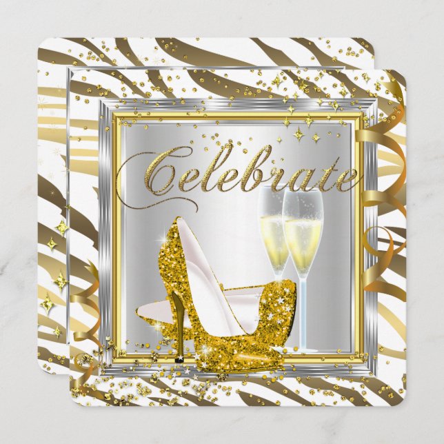 Fabulous Zebra Stripe Champagne Gold Silver Party Invitation (Front/Back)