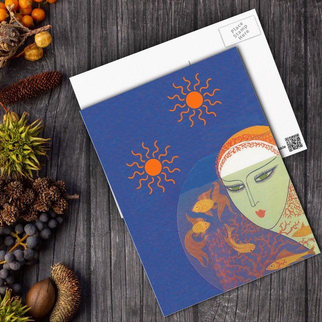 Face Behind The Fishbowl Post Card (Art Deco woman face behind gold fish bowl with two suns on dark blue postcard.)