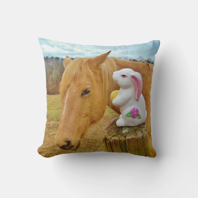 Face Blonde horse & Easter Spring flower Bunny Cushion (Front)