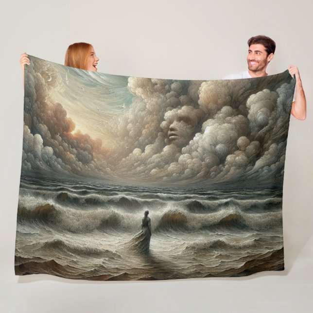 Face in the Clouds - Surreal Ocean Landscape Fleece Blanket (In Situ)