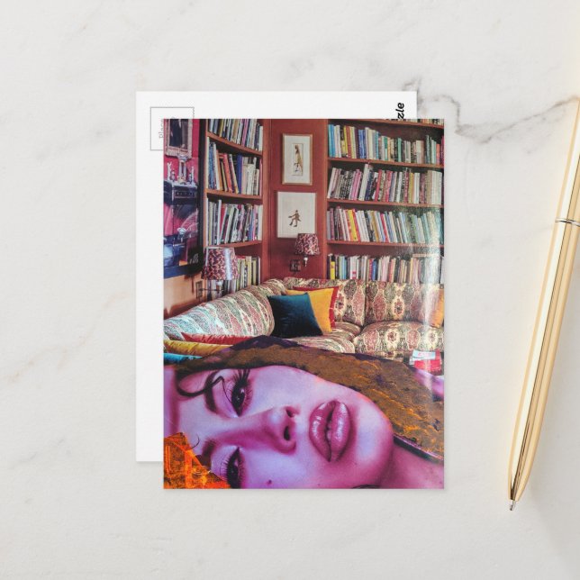 Face in the Library Room Collage Postcard (Front/Back In Situ)