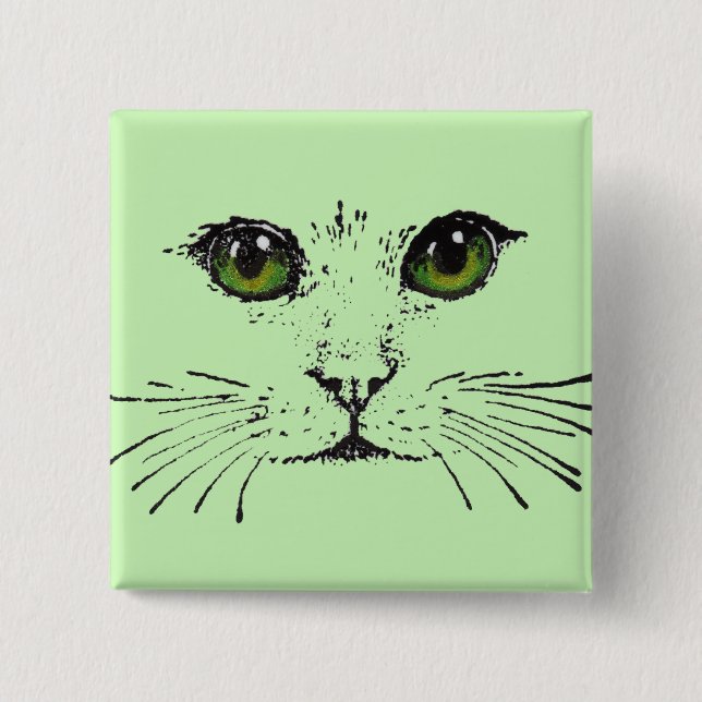 Face of a Cat Long Whiskers Bright Green Eyes 15 Cm Square Badge (Front)