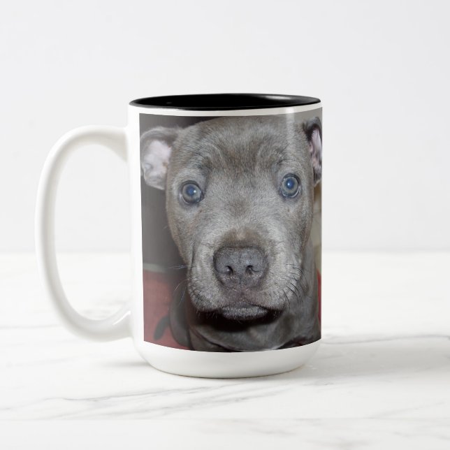 Face Of A  Staffordshire Bull Terrier Puppy, Two-Tone Coffee Mug (Left)