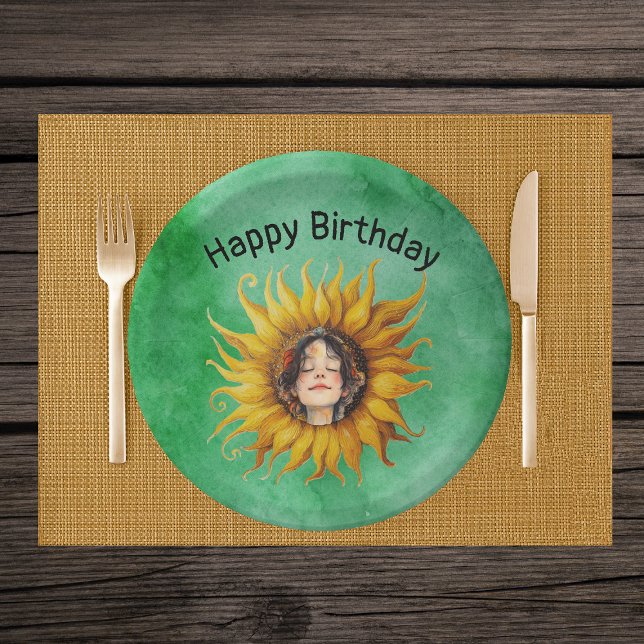 Face of Birthday Girl in Fancy Yellow Sunflower  Paper Plate (Face of smiling girl in center of fancy yellow sunflower on Happy Birthday green paper party plates.)