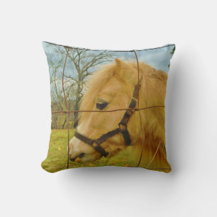 Face of Blonde miniature Horse, Cloudy Blue Sky Cushion