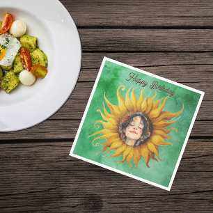Face of Peaceful Girl Big Yellow Sunflower Green Napkin