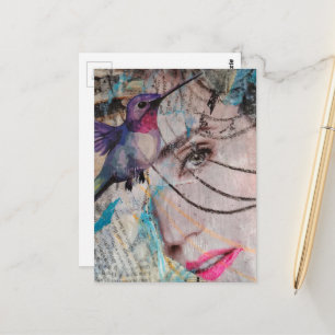Face Random Words Hummingbird Mixed Media Collage Postcard