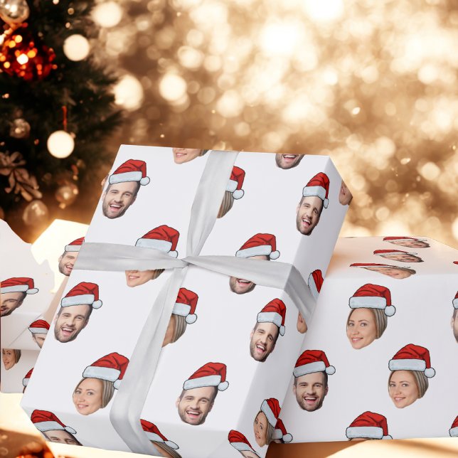 Face Santa Hat Gift Wrap, Custom Face 2 Photos Wrapping Paper (Creator Uploaded)