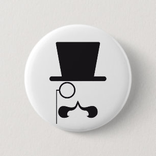Face with hat, moustache and single eyeglass 6 cm round badge