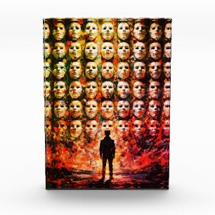 Faceless Figure Masked Crowd Impasto Surreal Oil Photo Block