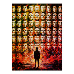 Faceless Figure Masked Crowd Impasto Surreal Oil Poster