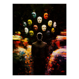 Faceless Figure Surrounded by Masked Faces Impasto Poster