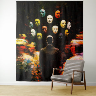 Faceless Figure Surrounded by Masked Faces Impasto Tapestry