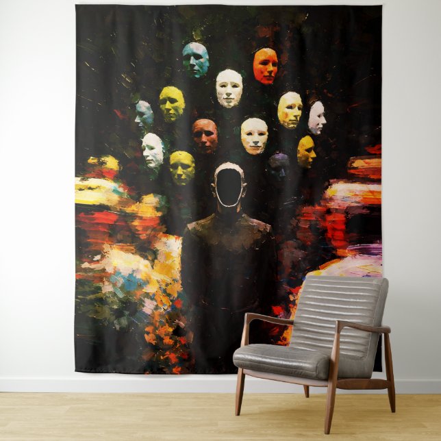 Faceless Figure Surrounded by Masked Faces Impasto Tapestry (In Situ)